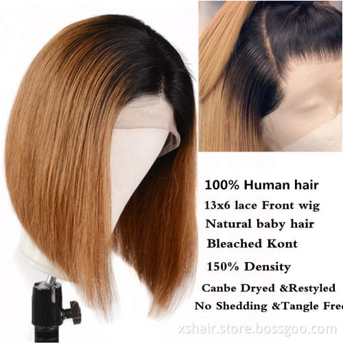 Wholesale Wigs For Black Women Ombre Color Brazilian Remy Hair Straight Short Bob Wig 27 Color Cuticle Aligned Hair Wig
